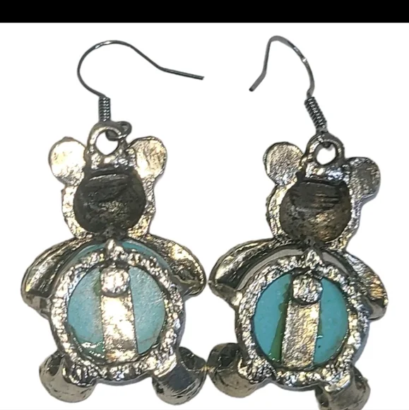 Turquoise & Silver Tone Teddy Bear Dangle Earrings - Picture 4 of 5